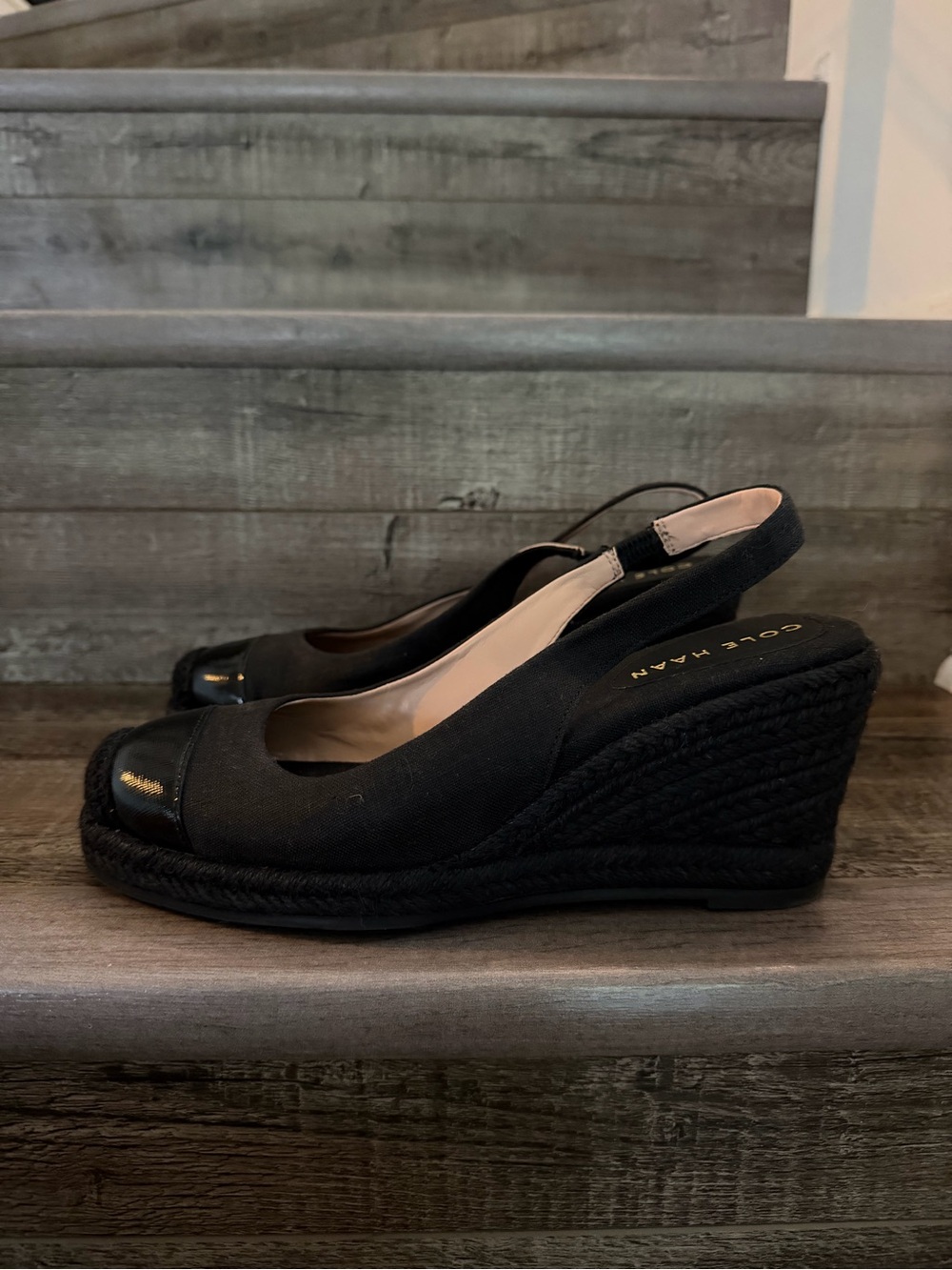 Cole Haan Black Canvas and Patent Toe Slingback Wedge Espadrilles